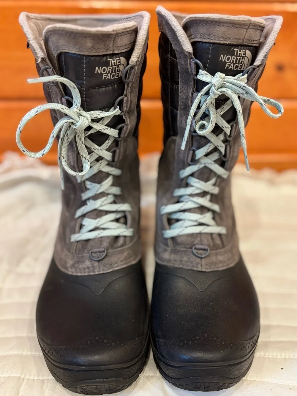 The North Face Thermoball Utility Tall Quilted Snow Boots Gray Blue Women's 8.5
